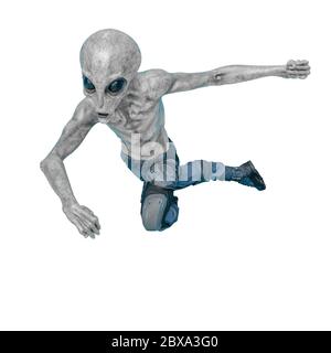 grey alien on military ready to win in white background., 3d illustration Stock Photo