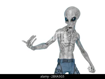 grey alien on military ready to win in white background., 3d illustration Stock Photo