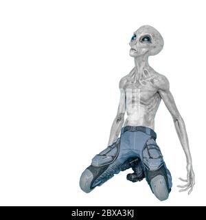 grey alien on military ready to win in white background., 3d illustration Stock Photo