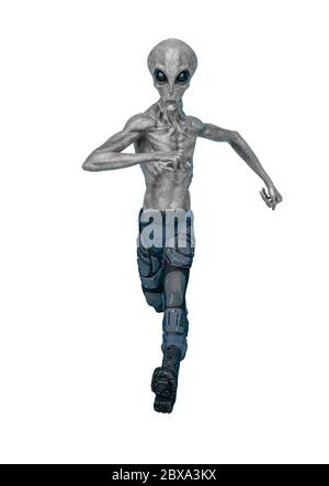 grey alien on military ready to win in white background., 3d illustration Stock Photo