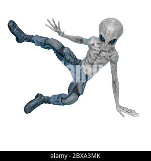 grey alien on military ready to win in white background., 3d illustration Stock Photo