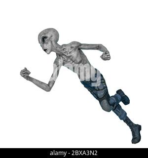 grey alien on military ready to win in white background., 3d illustration Stock Photo