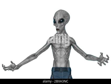 grey alien on military ready to win in white background., 3d illustration Stock Photo