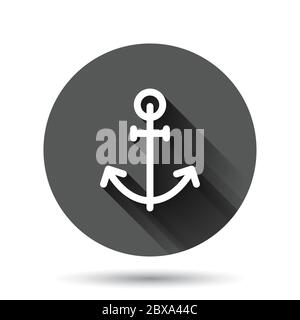 Boat anchor icon in flat style. Vessel hook vector illustration on black round background with long shadow effect. Ship equipment circle button busine Stock Vector
