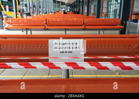 Glasgow, Scotland, UK. 6 June 2020. Seating inside Buchanan Bus Station waiting area is cordoned off to maintain social distancing.  Iain Masterton/Alamy Live News Stock Photo