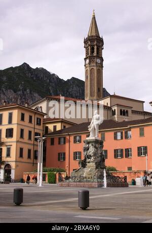 LECCO, ITALY - May 24, 2013: Piazza Mario Cermentani, in Lecco town on Lake Como, Italy, with view of Campanile di San Nicolo tower Stock Photo