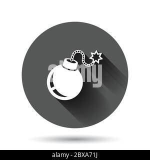 Bomb icon in flat style. Dynamite vector illustration on black round background with long shadow effect. C4 tnt circle button business concept. Stock Vector