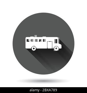 Bus icon in flat style. Coach vector illustration on black round background with long shadow effect. Autobus vehicle circle button business concept. Stock Vector