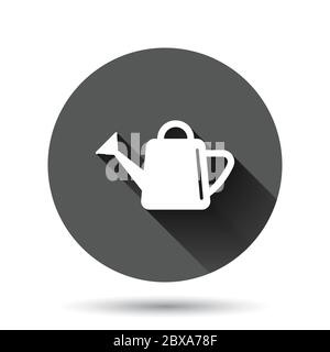 Water can icon in flat style. Irrigation garden vector illustration on black round background with long shadow effect. Watering circle button business Stock Vector