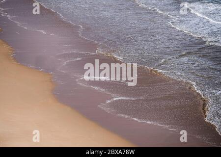 Empty beach with yellow sand and sea with waves seen from above. Background image Stock Photo