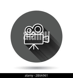 Projector icon in flat style. Cinema camera vector illustration on black round background with long shadow effect. Movie circle button business concep Stock Vector