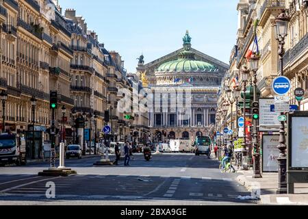 Paris, France - May 29, 2020: The Palais Garnier, the opera house of Paris sighted from Opera avenue just after the end of lockdown due to covid-19 Stock Photo