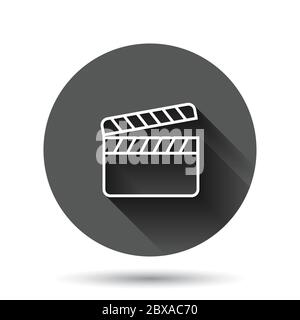 Film icon in flat style. Movie vector illustration on black round background with long shadow effect. Clapper video circle button business concept. Stock Vector