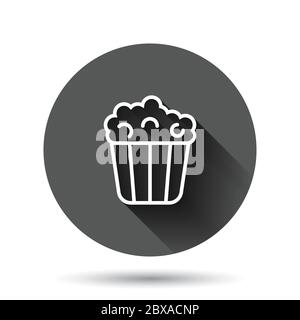 Film icon in flat style. Popcorn vector illustration on black round background with long shadow effect. Pop corn bucket circle button business concept Stock Vector
