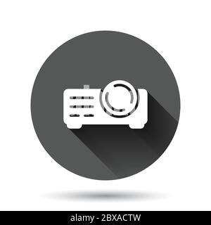 Video projector sign icon in flat style. Cinema presentation device vector illustration on black round background with long shadow effect. Conference Stock Vector