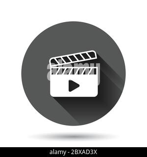 Film icon in flat style. Movie vector illustration on black round background with long shadow effect. Clapper video circle button business concept. Stock Vector