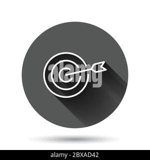 Target aim vector icon in flat style. Darts game illustration on black round background with long shadow effect. Dartboard sport target circle button Stock Vector