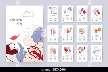 Abstract floral calendar 2021 year. Creative modern art template set with doodle organic elements. Simple decorative different shapes objects with spots, dots, lines. Isolated vector illustration Stock Vector