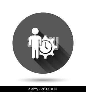 People and clock icon in flat style. Gear with user vector illustration on black round background with long shadow effect. Businessman circle button b Stock Vector