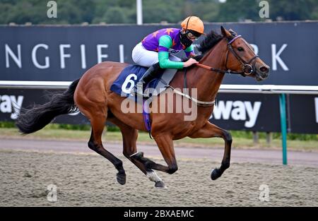 Lady Bowthorpe ridden by Thomas Greatrex on their way to winning the Heed Your Hunch At Betway Handicap at Lingfield Racecourse. Stock Photo