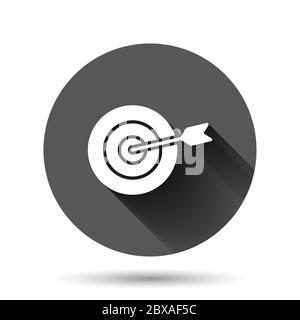 Target aim vector icon in flat style. Darts game illustration on black round background with long shadow effect. Dartboard sport target circle button Stock Vector
