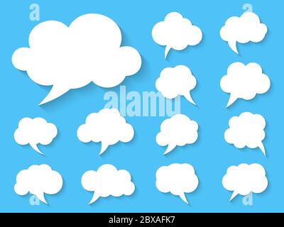 Flat comic retro speech bubble set. Comics message template. Empty text box different shapes balloons with shadow. Abstract icon cartoon blank doodle bubbles. Isolated on blue vector illustration Stock Vector