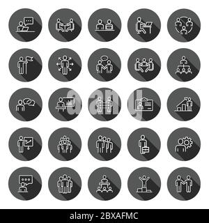 Business communication icon set in flat style. Team structure vector illustration on black round background with long shadow effect. Office teamwork c Stock Vector