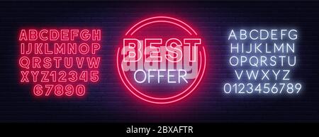 Best offer neon sign on dark background. Template for design with fonts. Vector illustration. Stock Vector