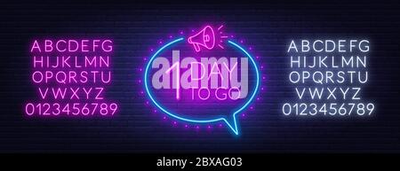 Number of days to go. Countdown template. Neon sign with alphabet on brick wall background. Stock Vector