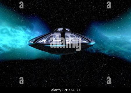 ufo space ship floating on space, 3d illustration Stock Photo