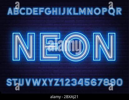 Neon two tone font blue white on brick wall background. Stock Vector