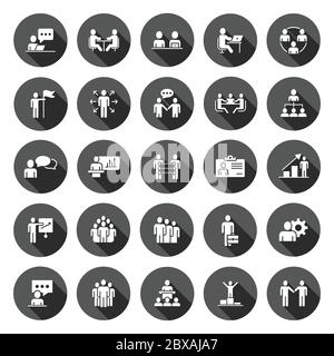 Business communication icon set in flat style. Team structure vector illustration on black round background with long shadow effect. Office teamwork c Stock Vector