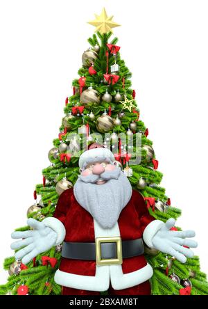 old santa is in front of the christmas tree, 3d illustration Stock Photo