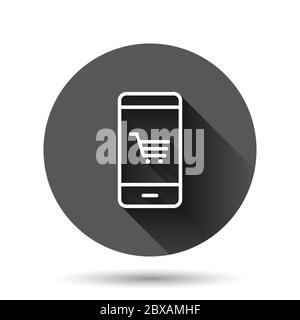 Online shopping icon in flat style. Smartphone store vector illustration on black round background with long shadow effect. Market circle button busin Stock Vector