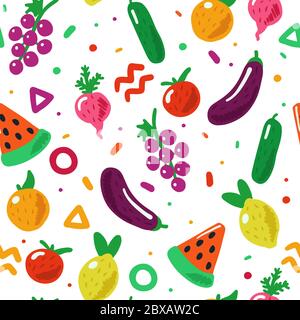 Hand drawn fruit and vegetables seamless pattern in doodle style. Cute and colorful. Concept illustration for organic, bio, fresh food. Stock Vector