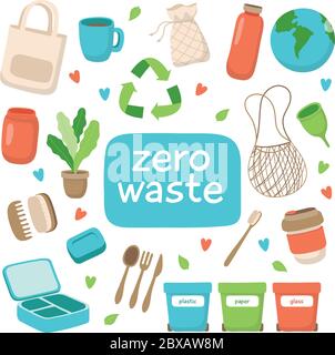 Zero waste concept illustration with different elements and lettering. Sustainable lifestyle, ecological concept. Vector illustration in cartoon style Stock Vector