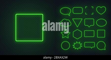 Set of green neon frames with soft glow on a transparent background. Speech bubble, square, circle, star, triangle, heart, hexagon and other glowing n Stock Vector