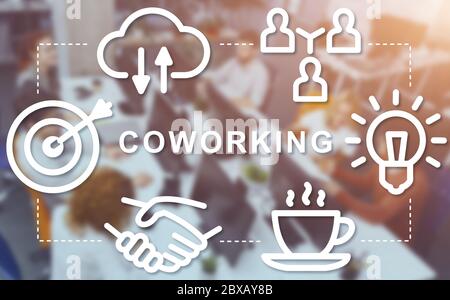 Coworking community. Collage with group of multiracial people discussing startup project at open space workplace Stock Photo