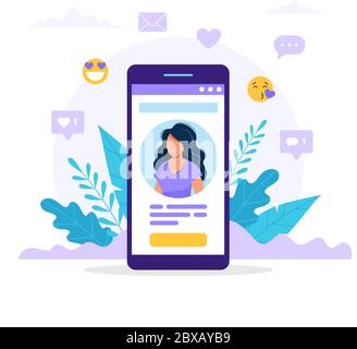 Social media profile. Smartphone with a woman avatar, text and button. Differents icons with likes and messages. Vector illustration in flat style Stock Vector