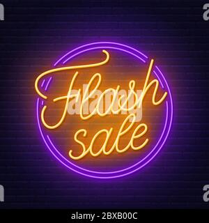 Flash sale neon sign on brick wall background . Stock Vector