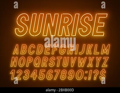 Neon orange yellow font, light alphabet with numbers on a dark background. Stock Vector