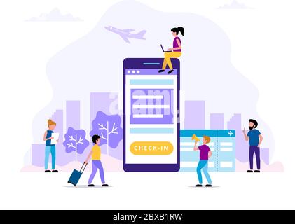 Check-in, concept illustration with smartphone, boarding pass. Small people doing various tasks. Vector Stock Vector