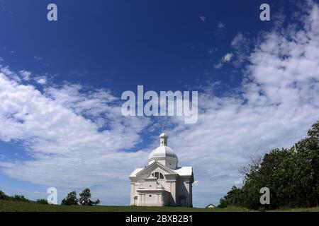 June 6, 2020, Mikulov, Czech Republic: A low angle view at Holy Hill (originally Tanzberg Hill) is one of the landmarks of Mikulov that cannot be overlooked. Its foundation stone was consecrated on 2 July 1623. A Way of the Cross comprised of seven chapels was also established on the top of Holy Hill at that time. The town Mikulov is part of the historic Moravia region, located directly on the border with Lower Austria. Mikulov is situated between the Pavlovske vrchy hilly area and the edge of the Mikulov Highlands, stretching up to the Thaya river and the three Nove Mlyny reservoirs. (Credit Stock Photo