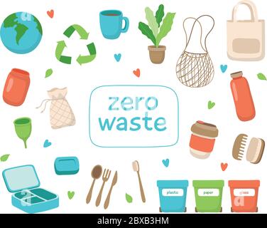 Zero waste concept illustration with different elements and lettering. Sustainable lifestyle, ecological concept. Vector illustration in cartoon style Stock Vector