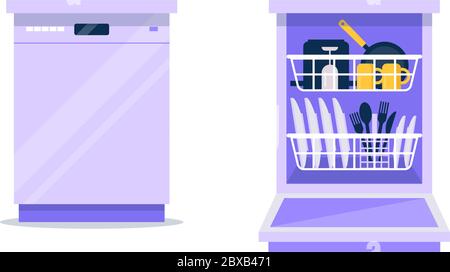 Dishwasher flat vector illustration. Closed and opened dishwasher machine with clean dishes in it, plates, cutlery, cups, pan. Template for household Stock Vector