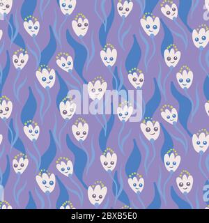 smiling flowers seamless vector purple pattern Stock Vector