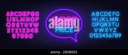 Best price neon sign. Neon alphabet on brick wall background. Template for a design. Stock Vector