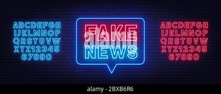 Neon fake news sign in speech bubble. Neon alphabet on brick wall background. Template for a design. Stock Vector