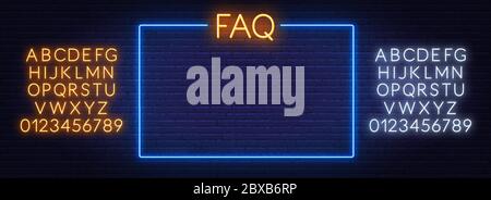 FAQ Frequently asked questions neon sign and the frame on the brick wall background. Template for design. Neon alphabet . Stock Vector