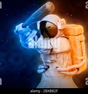 astronaut is attacking with a baseball bat pose three, 3d illustration Stock Photo